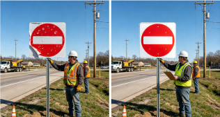 Worker pressing reflective sheeting onto a traffic sign blank with a squeegee in a workshop