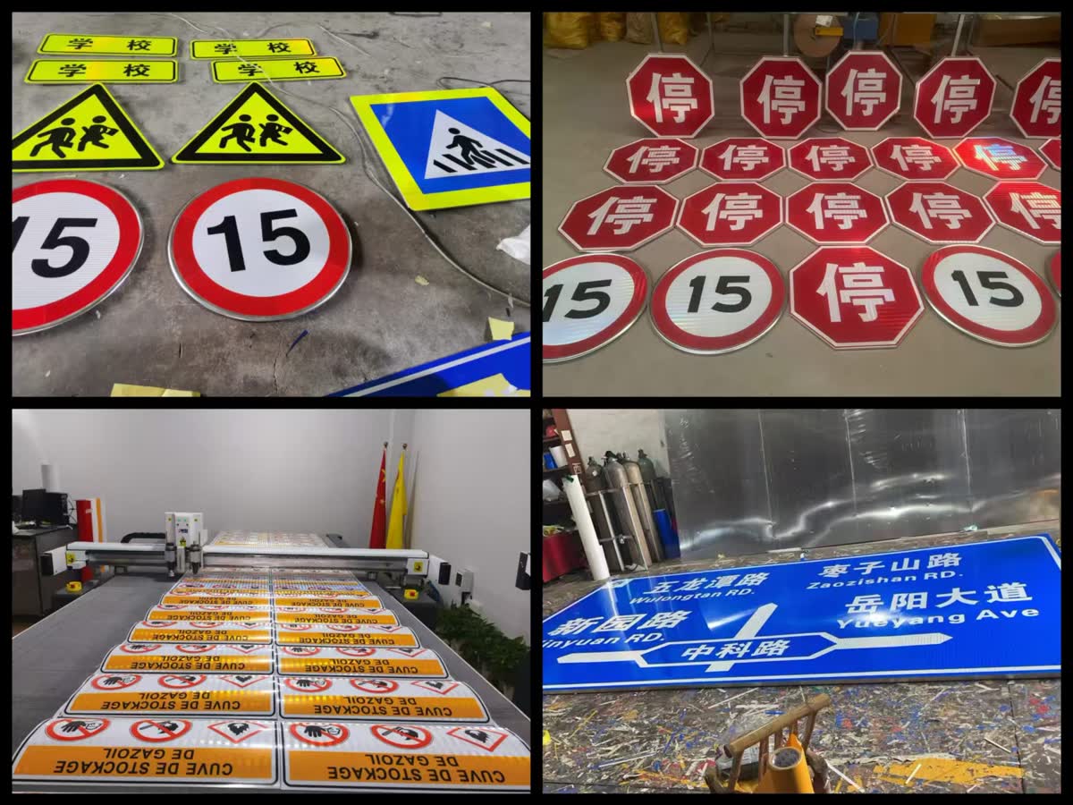 Traffic signs produced with microprismatic reflective sheeting including school warning, pedestrian crossing, speed limit and stop signs, a hazard-pattern sign production line and a blue directional street sign